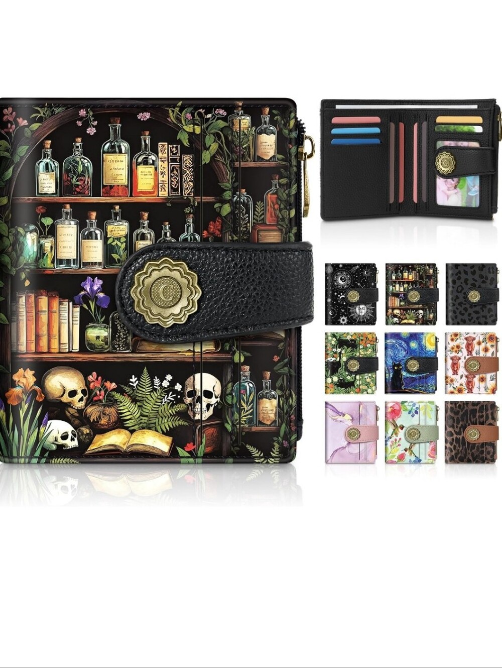 Decorative Apothecary Skull Print Leather Wallet - Black